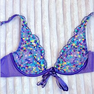 🦋 Savage X Fenty Butterfly Mesh Bra Purple Embroidered Tie Front Lingerie